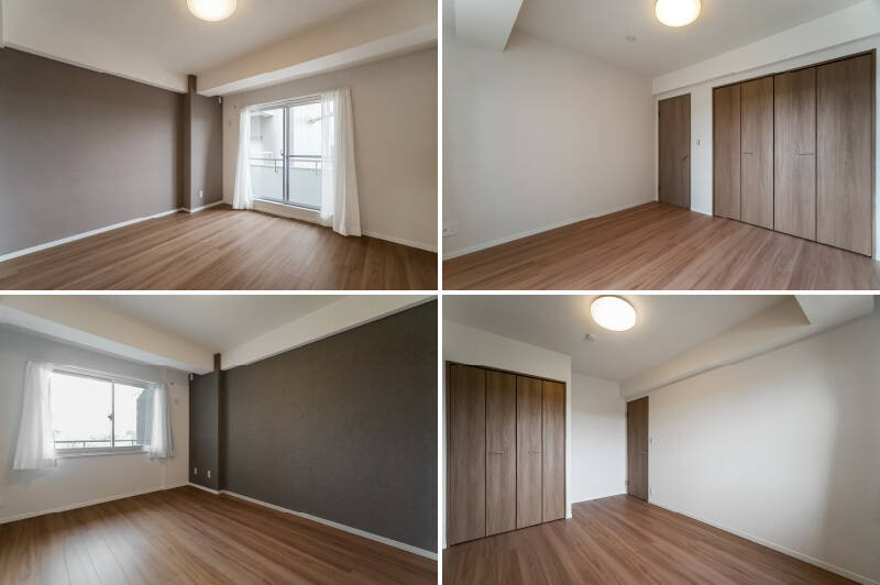 約7.1帖の洋室B(上)と、約7帖の洋室C(下)。両室ともほぼ同じサイズですが、収納は洋室Cのほうがひとまわり小さいので、必要に応じて家具を追加するのもありです。なんせ広さに余裕があるので♡