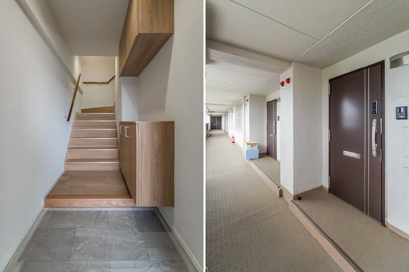 <b>左・</b>写真から感じ取っていただけるでしょうか……この物件、階段の幅が広いんです! 玄関にもゆとりがあるので、靴収納を追加したり、大きなミラーを置いたりすることも可能です◎/<b>右・</b>7階にある住戸の玄関扉。扉は2013年に更新されており、ダブルロック付きで安心感がありますよ。