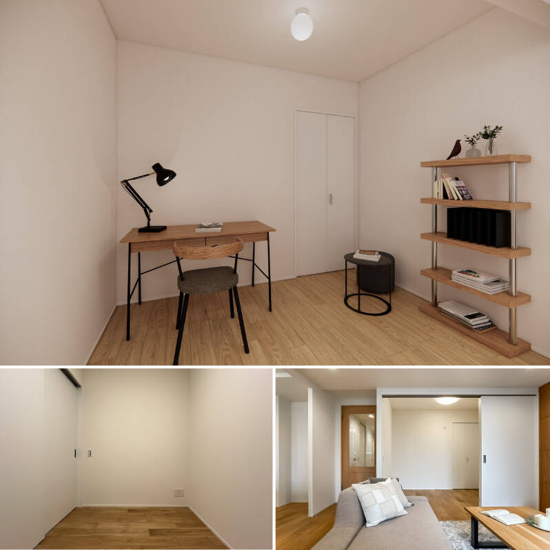 CGイメージ(上)では、デスクを置いてワークスペースのように使う提案をしています。折れ戸1枚分のクローゼットが備わった、コンパクトな洋室です。
