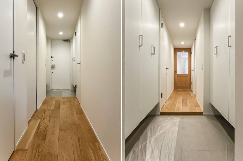 シューズボックスは土間の左右両側に設け、<b>靴だけでなくペット用品や掃除道具などをたっぷり収納できるボリュームを確保</b>します。