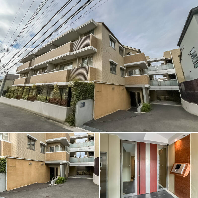賑やかな駅前から距離を置いた住宅街に佇む、3階建ての低層マンション。エントランスは階段を数段下がった所に位置しています。オートロック・宅配ボックス付きです。
