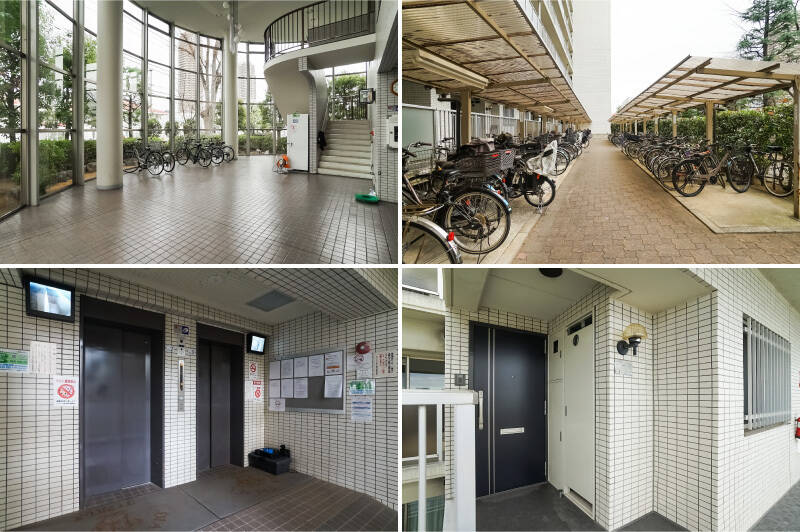 <b>左上・</b>管理人室のある別棟には、ガラス張りの広いホールがあります。写真に写っている自転車は、居住者が無料で利用できるレンタルサイクルなのだそう。／<b>右上・</b>もちろん、自転車をお持ちの方は駐輪場も月額100円で使用可能です。（2台目以降月額150円。2025年12月時点空きあり）／<b>左下・</b>管理人室付近ほか、エレベーター付近にも掲示板があり、マンション内のお知らせを随時確認することができます。／<b>右下・</b>今回ご紹介する物件がある、14階に到着。