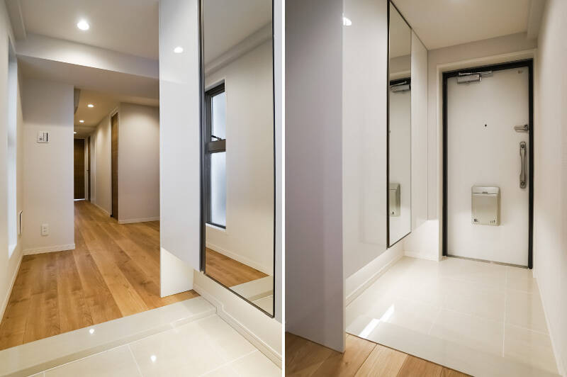 玄関の白いタイルと、足元にほんのりと灯る間接照明で、ほんのり上品な雰囲気。シューズクロークの扉1枚がミラーになっていて、お出かけ前の身だしなみチェックもできます。