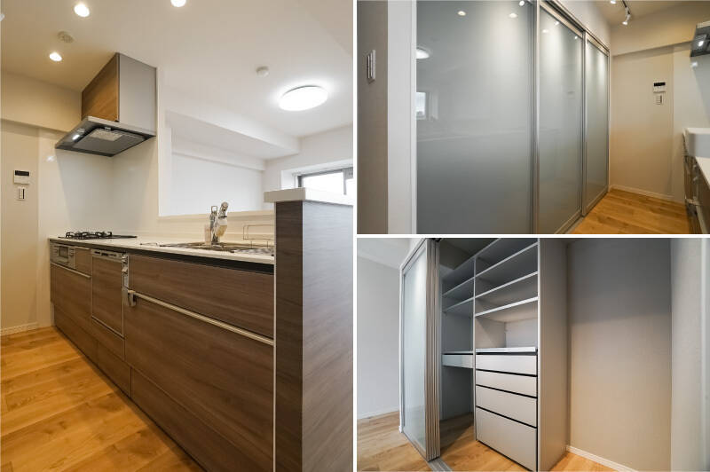 <b>左・</b>キッチン本体とレンジフードもデザインの統一性を感じます。ガスコンロのまわりはキッチンパネルが貼られているので、油はねなどの汚れ掃除もラクラク！ うれしい食洗機付きです。／<b>右・</b>キッチンの背面にある3枚扉の中は収納つきのパントリー！ 冷蔵庫も格納できます。生活感が出る家電類をまるっと隠せるのはうれしい♡