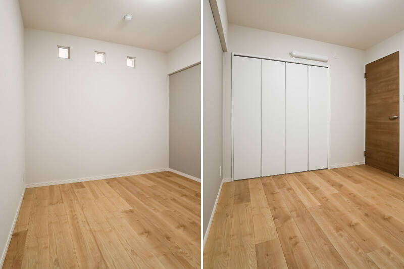 小窓とグレーのアクセントクロスが施されたサービスルームは、寝室としても使用できる広さです。