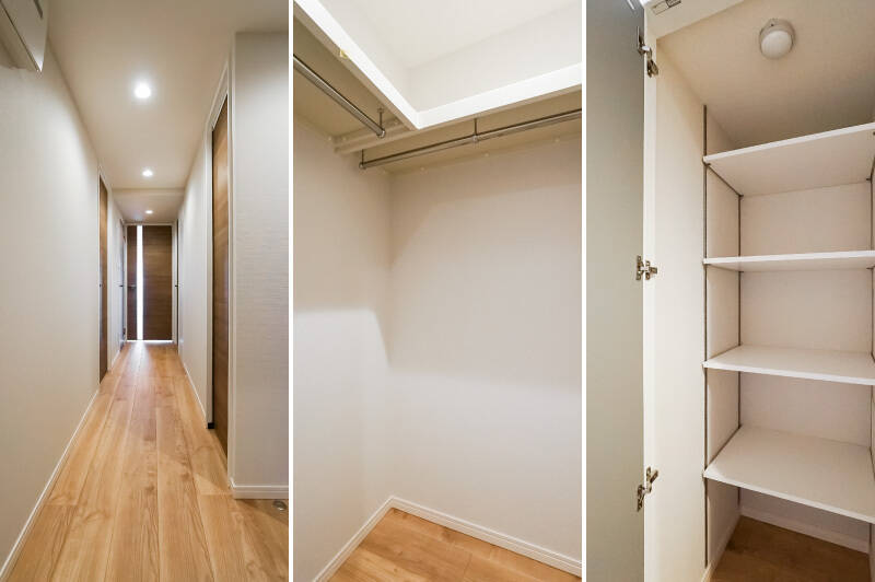 個室ごとだけでなく、廊下にもWICと可動棚の収納が設けられています。空間に無駄がない……！