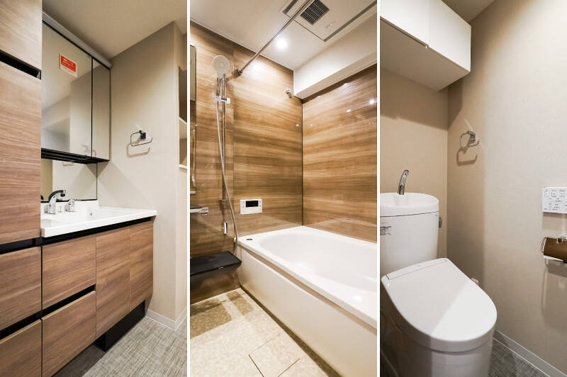 <b>左・</b>洗面台は木目を基調としたデザイン。トール収納付きなのもうれしい！ ／<b>中央・</b>浴室も木目デザイン。随所に統一性を感じます。1416サイズで乾燥機能付きです。／<b>右・</b>トイレには吊り戸棚が備わっています。洗面室と同じ床材が採用されていて、織物のようなデザインがステキ。