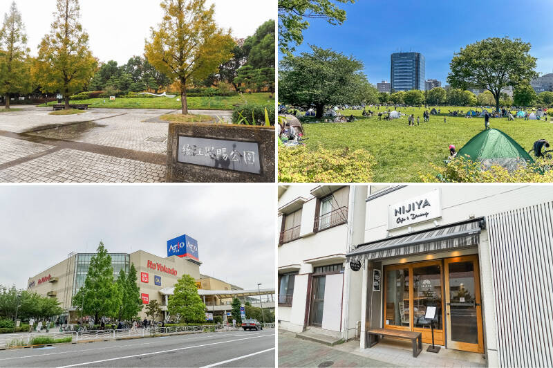 <b>左上・</b>「猿江恩賜公園」は、4つの広場やじゃぶじゃぶ池などがあり、ご家族でアクティブな休日を過ごすにはぴったりなスポット。（徒歩5分）／<b>右上・</b>徒歩20分の場所に位置する「木場公園」では、バーベキューを楽しむこともできます（要予約）。手ぶらプランもあるため、自転車で足を延ばしてみるのもおすすめです。／<b>左下・</b>「アリオ北砂」は、生活に必要な物がひと通り揃う、大型ショッピングセンター（徒歩15分）。また、徒歩3分の場所にはスーパー「ライフ」もあるので、急な買い物も困りません。／<b>右下・</b>「NIJIYA cafe&dining（ニジヤカフェ）」は、”この街の虹のようなお店になる”をコンセプトとしたカフェ。テイクアウトメニューも豊富なので、公園でのんびり食べるのも良さそう♪ （徒歩3分）食べ物のおすすめといえば、住吉駅のすぐ近くに位置する「やきとりひびき庵」のレバーは絶品です！（徒歩7分） お近くに行かれた際はぜひお召し上がりください♡