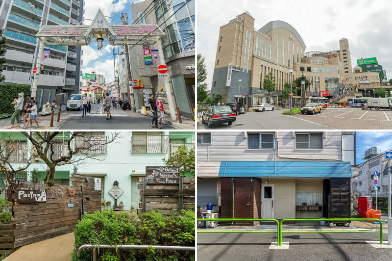 <b>左上・</b>駅の北側には「なりますスキップ村商店街」があり、たくさんの飲食店が軒を連ねています。外食やテイクアウトの選択肢は豊富！（徒歩5分）／<b>右上・</b>「成増」駅直結の音楽ホール「成増アクトホール」には「西友 成増店」も併設されています。（徒歩10分）／<b>左下・</b>ギャラリー併設の喫茶店「Cafe＆Gallery Patina（カフェ＆ギャラリー パティーナ）」。マルシェや絵本カフェなど、イベントも開催されています♪（徒歩12分）／<b>右下・</b>「Les Couleurs（レ クルール）」では、トラディショナルをベースとしたフランス料理をいただけます。（徒歩10分）