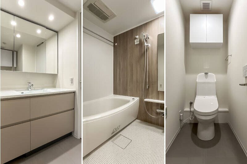 <b>左・</b>洗面台はグレーを基調としたシックなデザイン。/<b>中央・</b>ユニットバスは戸建てにも採用されることが多い1418サイズ(浴室乾燥機・追焚き機能付き)を採用。/<b>右・</b>トイレには廊下からアクセスします。