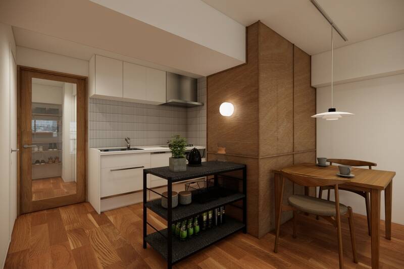 配置を変えれば、ダイニングテーブルを壁側に寄せるのもひとつ。カウンターテーブルを置いて、キッチンを中心に使うレイアウトも楽しめます。