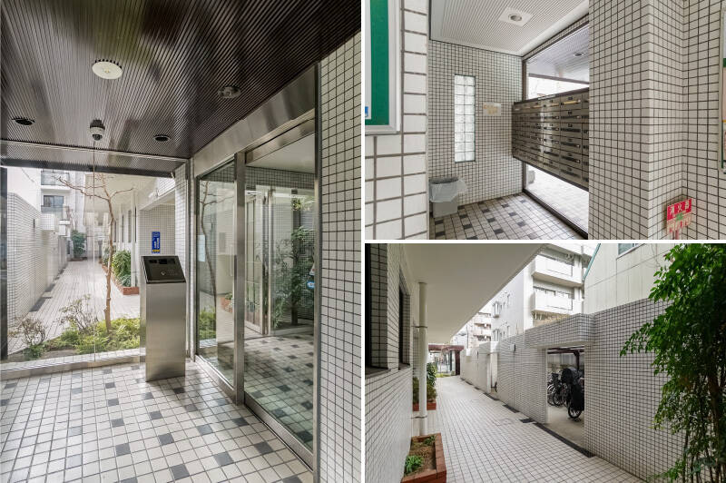 <b>左・</b>オートロック付きのエントランス。中には管理人室があります。/<b>右上・</b>エントランス入って右手には郵便受けがあります。/<b>右下・</b>共用廊下の横には自転車置き場が。