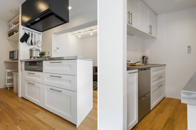 収納がたくさんあるのはもちろんのこと、グリル、食洗機、浄水器一体型の水栓、さらにキッチン奥にはカップボードも備え付けられています。