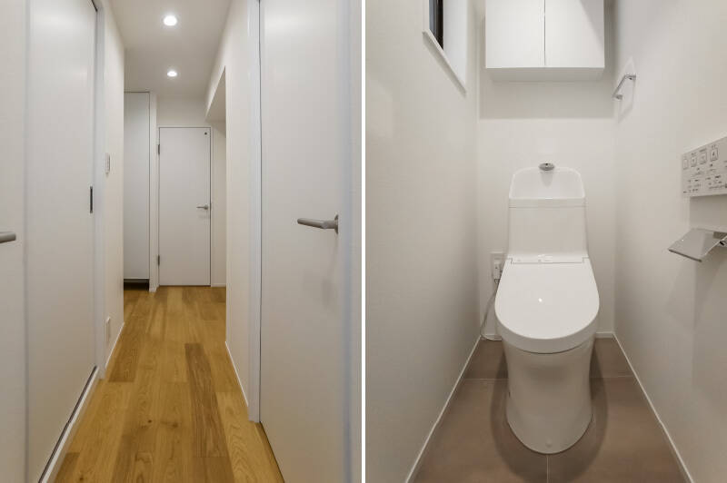 <b>左・</b>左右には各洋室や洗面室につながるドアが並んでいます。正面突き当たりのドアの先は......。/<b>右・</b>トイレです。窓付きで換気ができるのはうれしい。