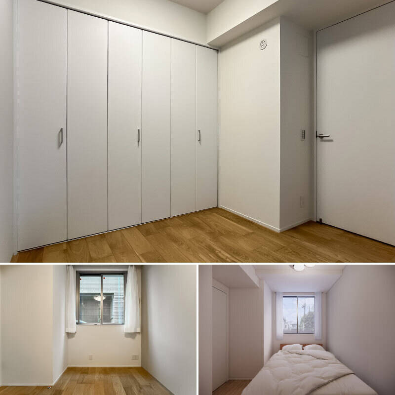 <p><b>上・</b>折れ戸3枚分のクローゼット付きで、十分な収納力を確保。/<b>左下・</b>北西向きの窓からは、隣接する建物が見えます。/<b>右下・</b>CGイメージではダブルベッドを配置しています。</p>