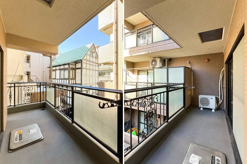 バルコニーは住戸の南西角を覆うワイドなサイズ。手すりのデザインが可愛い！