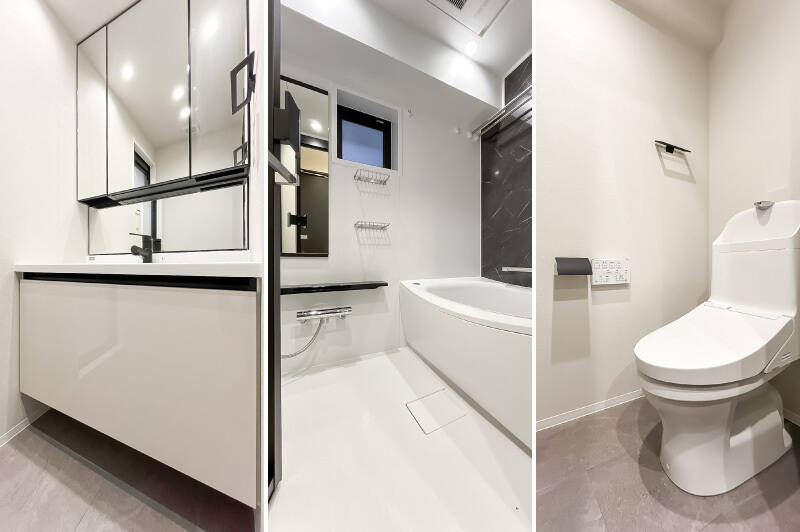 <b> 左・</b>三面鏡付きの洗面台。／<b>中央・</b>1317サイズのユニットバス。浴室乾燥機と追焚き機能を完備しています。／<b>右・</b>トイレには廊下からアクセスします。