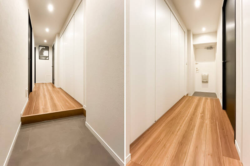 廊下には、靴以外にアウトドア用品なども収まりそうな大型収納を確保しています。