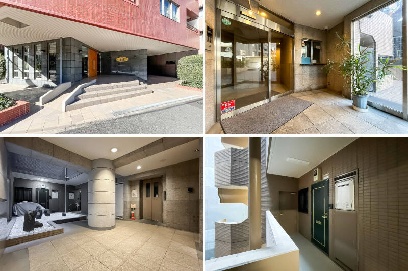 <b>左上・</b>階段もしくはスロープでアクセスするエントランスアプローチ。／<b>右上・</b>エントランスには窓口が。こちらのマンションでは管理人さんは不在で、清掃員さんのみ勤務されている体制です。／<b>左下・</b>重厚感ある共用ロビー。<b>／右下・</b>ご紹介した住戸は2階に所在する角部屋です。