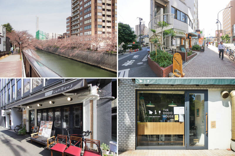 <b>左上・</b>春は桜を眺めながら、夏は新緑の木陰を、秋には紅葉に包まれて……目黒川沿いは季節を感じられるお散歩コース。（徒歩2分）／<b>右上・</b>目黒通り沿いにあるカレー屋の名店「LAND（ランド）」。たくさんのスパイスがバランスよく混ざり合った絶品カレーはぜひご賞味を！（徒歩4分）／<b>左下・</b>こちらは「Pizza Giardino Savoy（ピッツア ジャルディーノ サヴォイ）」。高温の窯の中で短時間で焼き上げたピザは、外はサクッと生地はもちっとの絶品です。（徒歩1分）／<b>右下・</b>クラフトビールを週替わりで楽しめる「Craft Beer＆Wine THE DODO HOUSE（ザ ドードーハウス）」。仕事帰りには、カウンターで黄金色のビールに癒されて。（徒歩3分）