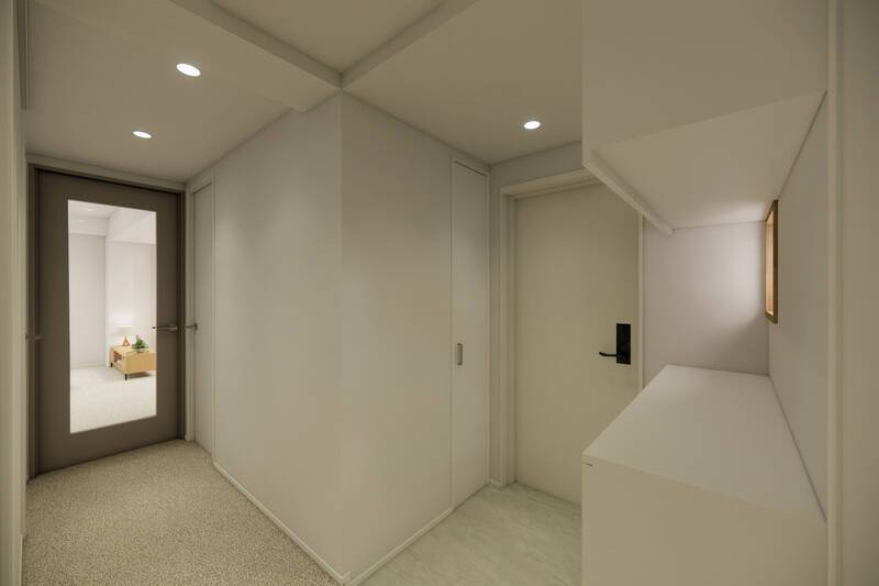 白を基調とした、明るい印象の玄関まわり。 廊下にはやわらかな足触りのカーペットが敷かれています。