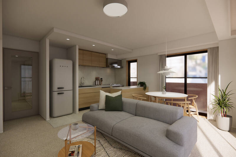 キッチンは造作のカウンターを設け、収納量をしっかり確保。内装はオーク調とグレーを基調とすることで、整然とした印象の中にも、落ち着いて過ごせる温かみある空間に仕上げています。