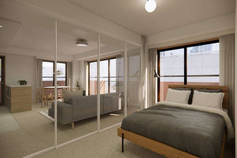 CGイメージではセミダブルベッドを配置。スケルトン引き戸の上部には、目隠しができるようカーテンレールを取り付けます。