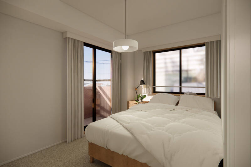 約5.2帖の洋室Ｃ。北西と北東の二面に窓があり、こちらも北東側は出窓になっています。CGイメージではダブルベッドを配置。