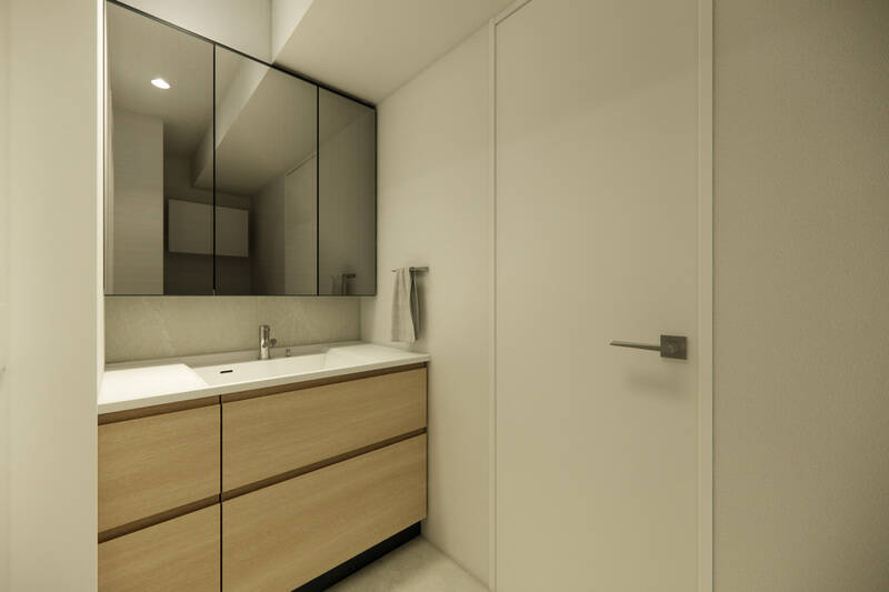 キッチンとお揃いのオーク調の素材をセレクトした、オリジナルの洗面台。