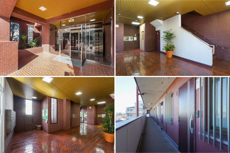 <b><b>左上・</b></b>オートロック付きのエントランス。宅配ボックスも完備されています。／<b><b>右上・</b></b>マンションの内装もタイル貼りなのが印象的。入口正面には管理人室とエレベーターがあります。／<b><b>左下・</b></b>入口左手にはメールボックスと掲示板。／<b><b>右下・</b></b>2015年に玄関ドアサッシが交換されています。