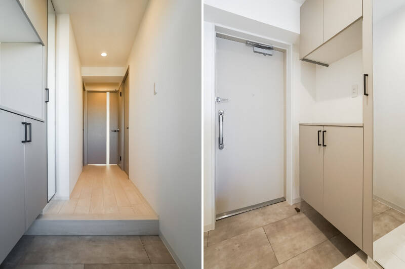 玄関に入って左手にはシューズクロークが。飾り棚を設けつつ、天井いっぱいまで高さを活かした収納になっているのがうれしい。