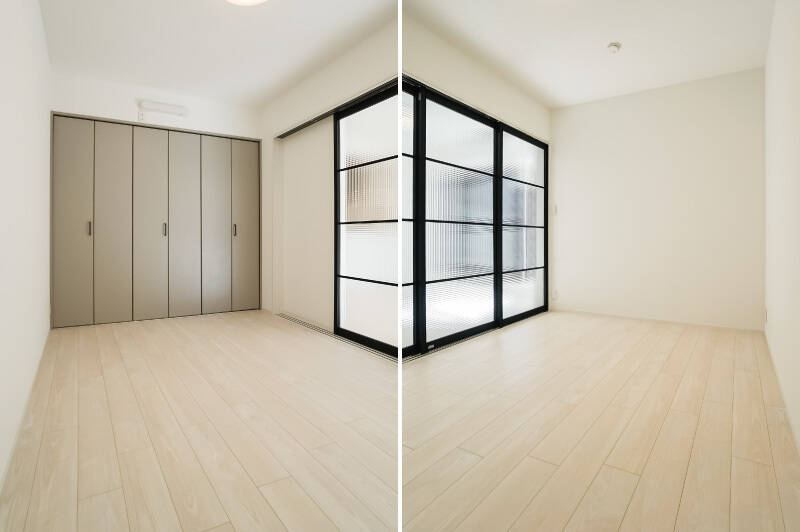 約5.2帖の洋室B。型ガラス入りの建具なので、LDKからの採光も感じられます。壁一面には、クローゼットがずらり。