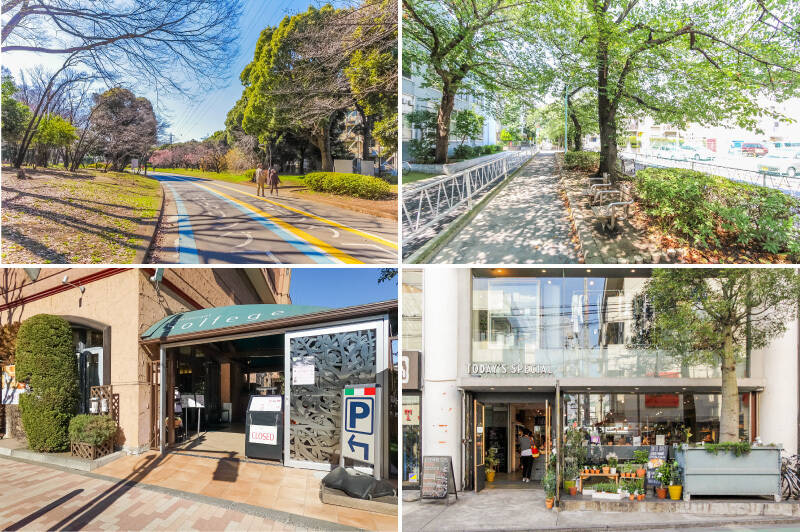 <b><b>左上・</b></b>徒歩14分に位置する「駒沢オリンピック公園」。陸上競技場や体育館だけでなく、広場やジャブジャブ池、ドッグランなどもあり、お子さまやワンちゃんも楽しめる施設です。／<b><b>右上・</b></b>お散歩コースには、桜並木が立派な「呑川緑道」もおすすめ。夏場は緑のアーチとなり、涼しい木陰をつくってくれます。（徒歩4分）／<b><b>左下・</b></b>お散歩を楽しんだあとのお昼ご飯は、「Solfege（ソルフェージュ）」なんていかがでしょう。テラス席はワンちゃんも一緒に過ごすことができます。（徒歩4分）／<b><b>右下・</b></b>「TODAY'S SPECIAL（トゥデイズ スペシャル）」は、スパイスなどの食材や、カジュアルでおしゃれな食器などが揃うライフスタイルショップ。家族連れでもゆったりと過ごせる3階のカフェも人気です。（徒歩13分）