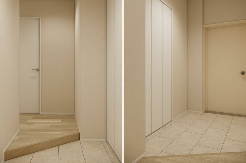 玄関まわりには、大容量のシューズインクローク（SIC）を設置。上がり框（かまち）は斜めにカットされており、視線が自然と奥へと誘導されるデザインにします。