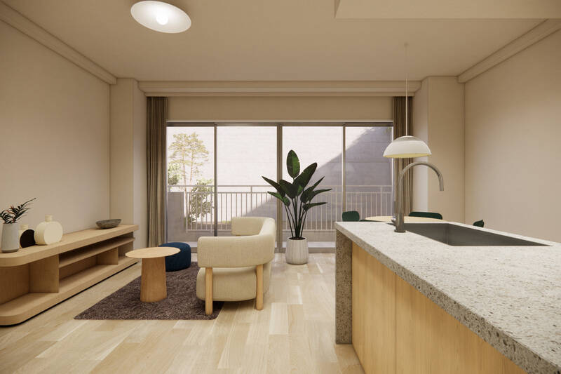 約18.2帖の広々としたLDK。白とオークを基調とした内装に、南東向きの大きな窓から光が差し込みます。