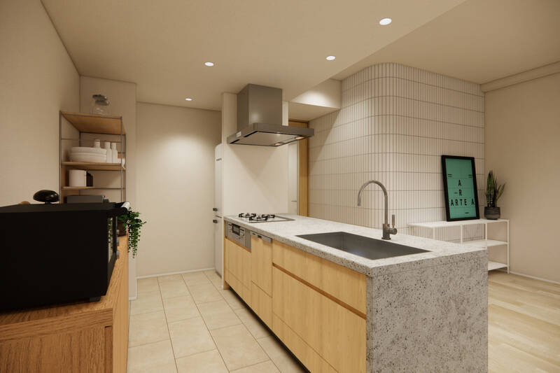 クォーツストーンの天板が美しい、対面式のアイランドキッチン。背面には十分なスペースがあり、お好みのカップボードを置くことができます。