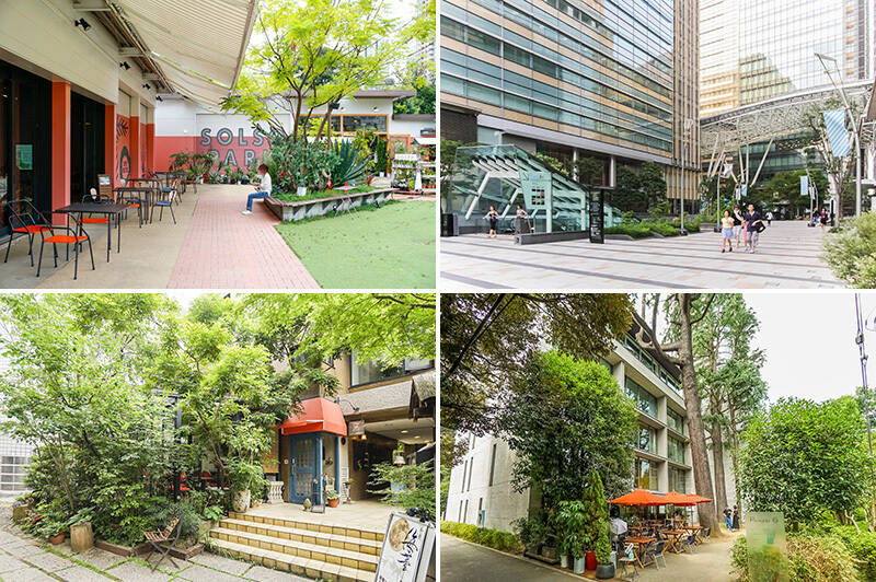 <b>左上・</b>「SHARE GREEN MINAMI AOYAMA（シェアグリーン 南青山）」は自然を身近に感じられる複合施設。カフェや子ども向けの遊び場もありますよ。（徒歩10分）／<b>右上・</b>「東京ミッドタウン」も徒歩圏内。夜23時まで営業しているスーパー「Precce Premium（プレッセプレミアム） 東京ミッドタウン店」が入っているので、お仕事帰りなどにお買い物を済ませられますね。（徒歩9分）／<b>左下・</b>緑に隠れるようにひっそりと構える老舗喫茶店「Cafe de laPaix（カフェド・ラぺ）」。美味しいコーヒーと素敵な雰囲気を楽しめます。（徒歩9分）／<b>右下・</b>「512 CAFE &amp; GRILL」の名物はブリュレパンケーキ。「ミッドタウン・ガーデン」を望めるオープンテラス席が人気です。（徒歩9分）