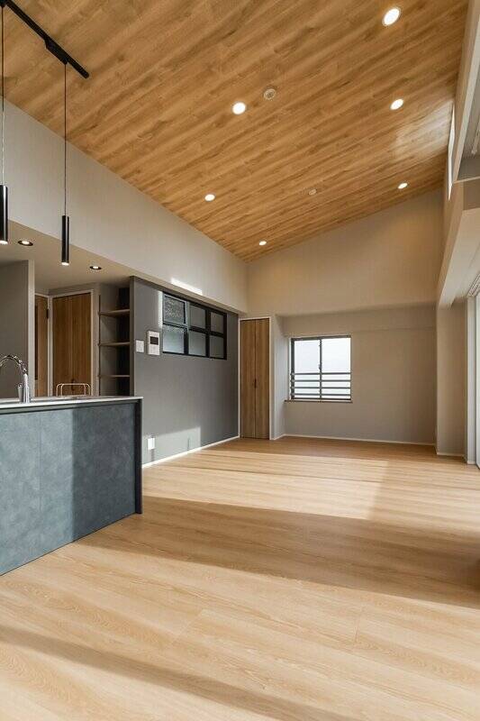 リビングには、ふたつの扉付き収納とオープン収納を備え、小物や書籍をスッキリ収納可能。キッチン上部にはライティングレールが配置されているので、写真のように長さのあるペンダントライトを吊るせば、天井高を活かした空間のアクセントに。
