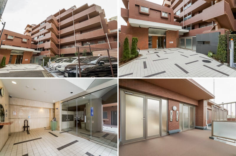 <p><b>左上・</b>総戸数43戸・7階建てのマンション。<b>2026年1月に大規模修繕工事を終えたばかり</b>。／<b>右上・</b>広々としたエントランスは、白を基調としたタイル敷きで、パッと明るい印象。／<b>左下・</b>エントランスホールには、丸窓が可愛らしい管理人室があり、オートロックと宅配ボックスを完備しています。／<b>右下・</b>住戸所在の7階は、プライバシー性の高い2住戸のみのフロアです。</p>