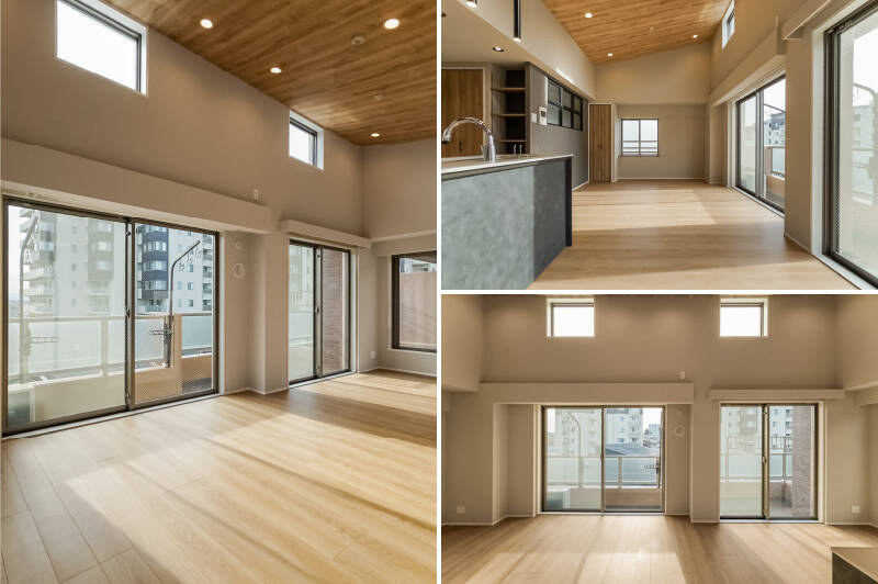 <p>LDK正面（南西向き）に向かって、天井が高くせり上がる勾配天井。その上部に設けられた2つの高窓が、空間の隅々にまで柔らかな光を届けてくれます。</p>