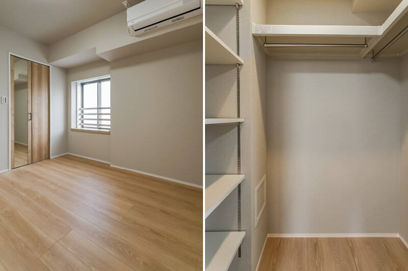 二面に枕棚とハンガーパイプ、可動棚が備わったウォークインクローゼット（WIC）を完備し、3つの洋室の中では一番収納力があります。