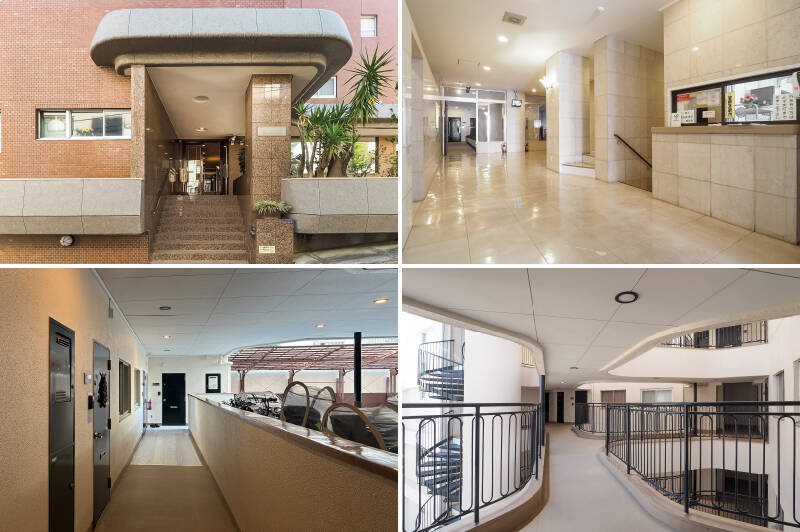 曲線を帯びた庇（ひさし）や重厚感あるエントランスなど、レトロな雰囲気をベースにしながらもきれいな印象な建物です。今回の住戸は1階なので実際に渡ることはありませんが、曲線の美しい共用廊下もこのマンションの魅力のひとつ。