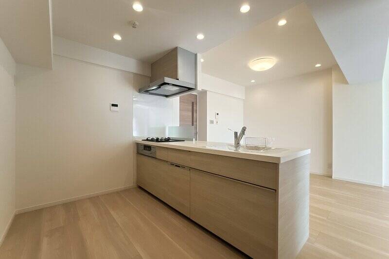 食器洗い乾燥機、浄水器一体型水栓、3口ガスコンロ、グリルを完備。後ろのスペースも広々しているので、大型のカップボードが置けそうですよ。