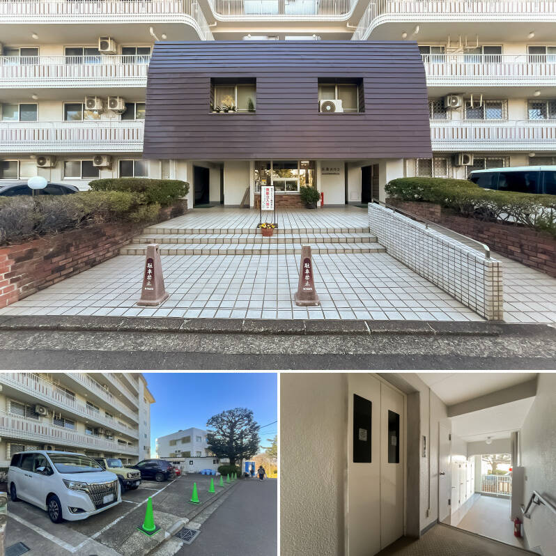 <b>上・</b>ご覧ください、エントランスのこのチャーミングなお顔立ち。ここだけ戸建てのように屋根がかかっています。/<b>右上・</b>少し古い情報ではありますが、2025年5月現在平置きの駐車場には空きがあり、月額17,000円で利用可能。最新情報はお問い合わせください! それにしても手すりや窓格子のデザインが可愛い。/<b>右下・</b>住戸がある4階に到着。同じフロアにトランクルームがあり、1区画無償で使用できます。