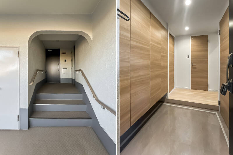 <b>左・</b>共用廊下からまた数段上がると玄関に到着。/<b>右・</b>下足入れはたっぷり扉4枚分。右手の扉を開けると最後にご紹介する納戸がありますよ。