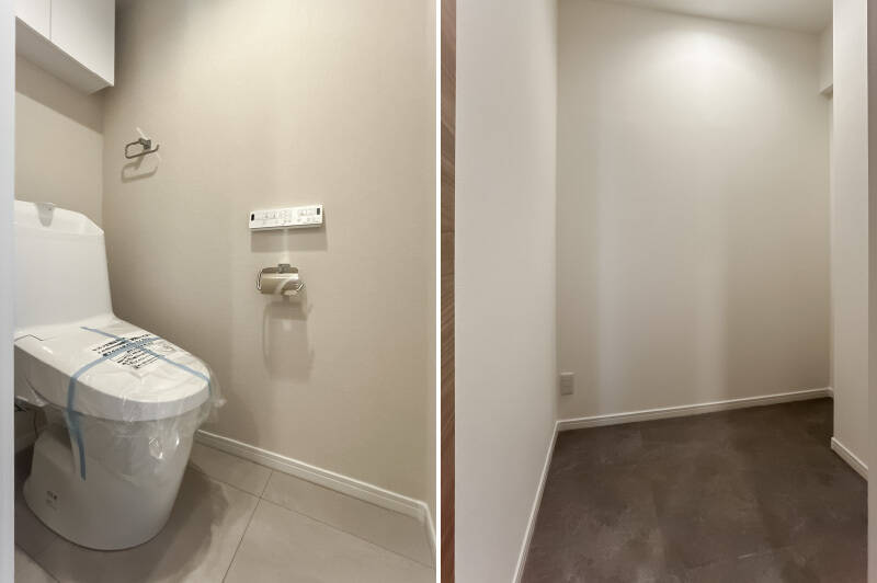 <b>左・</b>上に戸棚が付いたトイレ。玄関の正面に位置しています。/<b>右・</b>玄関横にある納戸。トランクルームと合わせれば結構な収納量になりますね!