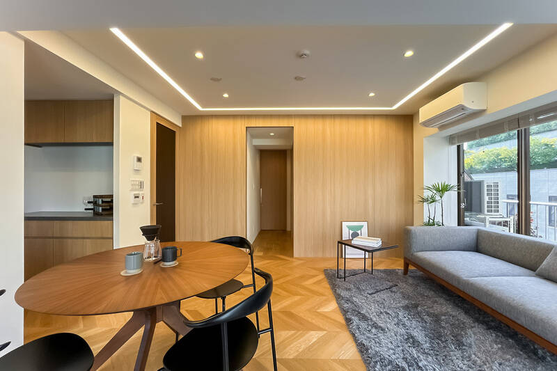 板張りの壁面の中央に、実はドアがありました。開けると廊下が出現し、ここから洋室Bと水まわりへアクセスできます。