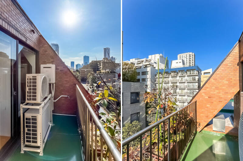 窓の外はこんな感じ。ルーフバルコニーとつながっていますが、間に斜めの柱が通っているので、ここに出ることはあまり無さそうです。