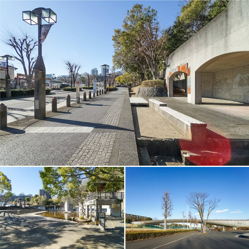 「多摩ニュータウン」の中でも都心寄りに位置する「稲城」駅が今回の最寄り。電柱の地中化や統一された街灯、ゆとりを感じる道に、豊かな緑……街を一から計画的に開発するとこんなにも美しい景観になるのですね。右下の写真は、くじらがダイナミックに横たわっているような姿が印象的な「くじら橋」（徒歩6分）。