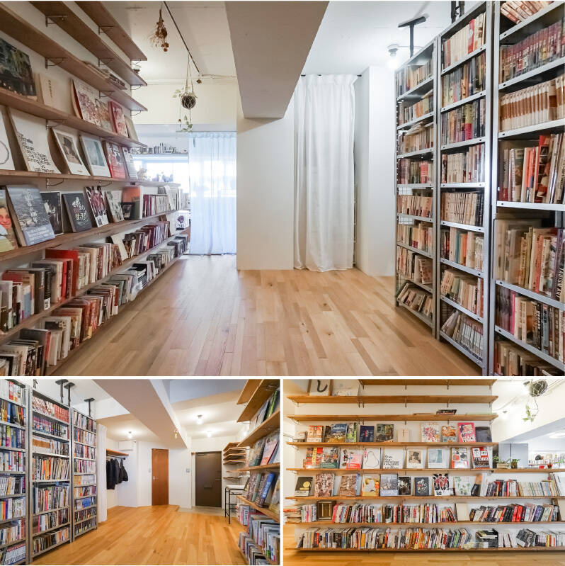 <b>上・</b>玄関扉を開けるとびっくり、圧巻の蔵書がお出迎え！ 左手の壁一面の造作棚は、好きなものを飾ればギャラリーのような使い方もできそうです。／<b>左下・</b>玄関扉の左手には、ハンガーパイプが。帰宅後、コートやバックパックをすぐにかけられる動線です。／<b>右下・</b>こちらの裏手はキッチン。壁には下地が入っているため、高さなどを自分好みにアレンジすることも可能です。